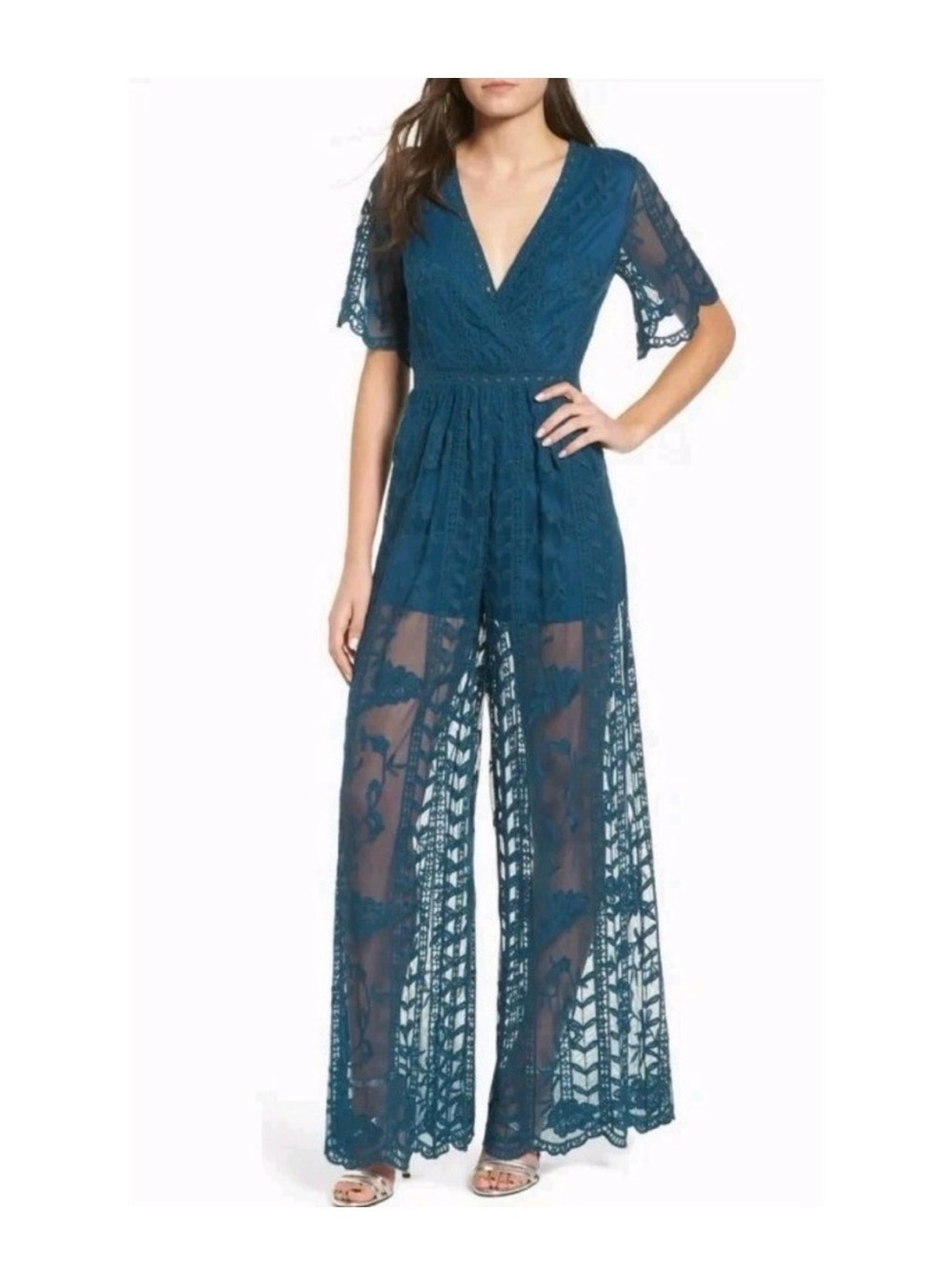 Socialite Teal Lace V-Neck Sheer Wide-Leg Jumpsuit